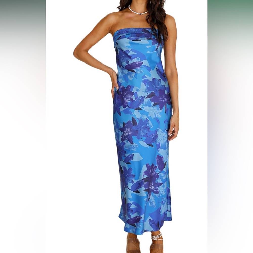 Blue Floral Tube Top Maxi Dress